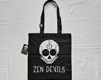 Zen Devils - Skull Tote Bag Large Black Cotton Canvas Occult Spiritual Dark Alternative Gothic Cyberpunk