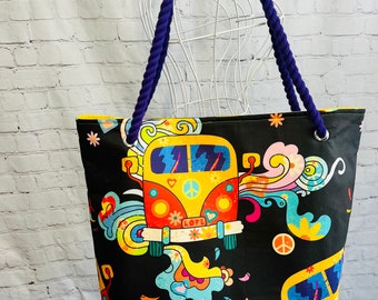 70s Themed Bag, 70s tote, Peace Bag, Boho Bag, Hippie Bag, Old Van Bag, Mothers day gift