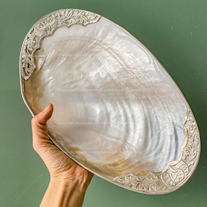 Seashell Dish Peach Silver Trim Symbol of Immortality and Wealth Home Decor, Collectible Dish Decorative Mother of Pearl Giant Shell Dish