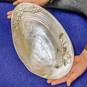 Mother of Pearl Seashell Dish Lotus Sliver Trim Jewelry Tray Catchall Shell Dish, Home Decor, Collectible Dish Decorative Giant Shell Dish