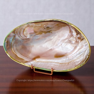 Mother of Pearl Seashell Dish Jewelry Tray for Candy Dish, Gold Copper Trim Collectible Dish Decorative Giant Shell Dish Pink Shell Dish