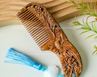Handmade Natural Wood Comb, Sandalwood Comb, Double-Sided Carved, Ancient Style, Vintage Comb Massage Head Blood Circulation Gift