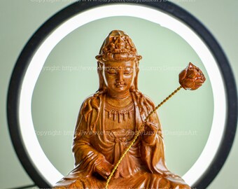 仏像 家庭用小型 木製座像 蓮の花を持つ観音菩薩像 観音、観音、観音像