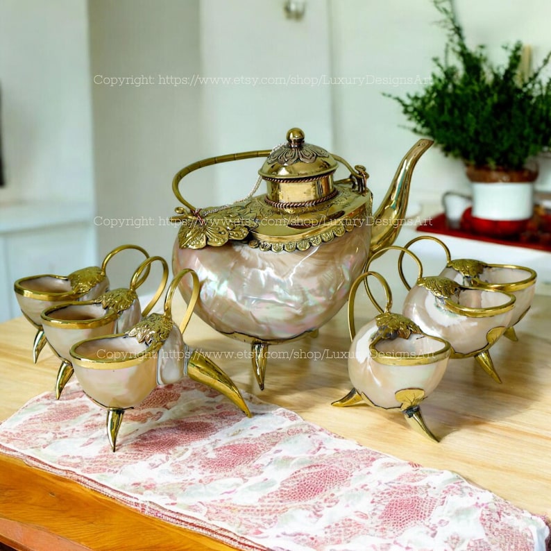 Mother of Pearl Teapots Conch Shell Cups With Bronze Edges and Copper ...