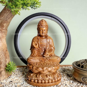 Buddha Statue Small for Home, Wooden Sitting Guan Yin Bodhisattva Statue, Quan Yin, Kwan Yin, Kuan Yin Statue Feng Shui Meditation Decor