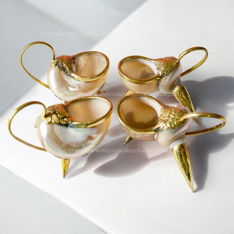 Mother of Pearl Teapots Conch Shell Cups With Bronze Edges and Copper ...