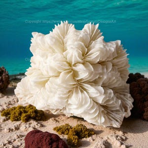May include: A large, off-white coral formation with layered, petal-like structures. The coral sits on a sandy surface with small, colorful coral fragments and a turquoise ocean backdrop. The image has a natural, oceanic theme.