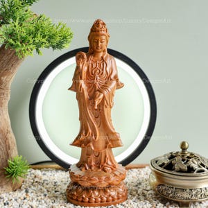 Guan Yin Bodhisattva Statue, Buddha Statue Small for Home, Kwan Yin, Quan Yin, Kuan Yin Statue Feng Shui, Desk Decor, Wood Carving