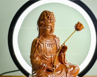 仏像 家庭用小型 木製座像 蓮の花を持つ観音菩薩像 観音、観音、観音像