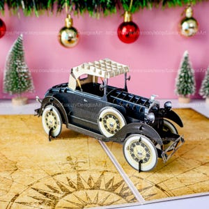 Handcrafted OLD BLACK CAR 3D Greeting Pop Up Card - Holiday Greeting Card Surprise Pop Up Card Christmas's Birthday Thank You Card C15
