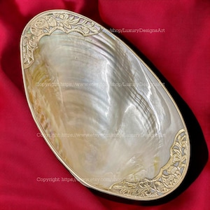 Mother of Pearl Seashell Dish Peach Silver Trim Symbol of Immortality and Wealth Home Decor, Collectible Dish Decorative Giant Shell Dish