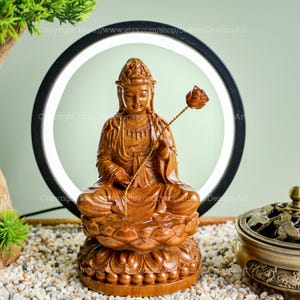 Buddha Statue Small for Home, Wooden Sitting Guan Yin Bodhisattva Statue Holding Lotus Flower, Kwan Yin, Quan Yin, Kuan Yin Statue Feng Shui