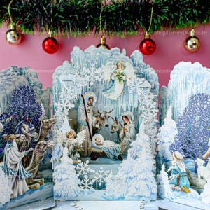 Carte de voeux pop-up 3D fabriquée à la main - Carte de voeux pour les Fêtes de la crèche de flocons de neige Carte pop-up surprise Le pays des merveilles hivernales de Noël