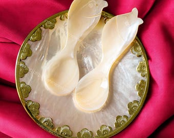 Perlmutt-runde Platte mit Beluga-Stör-Kupferzier-Perlmutt-Löffel für Kaviar, Seife, Süßigkeiten Dekorativer Wohnkultur-Fischlöffel