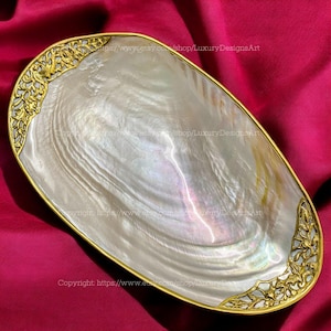 Mother of Pearl Seashell Dish Flower Copper Trim Jewelry Tray for Candy , Home Decor, Collectible Dish Flower Decorative Giant Shell Dish