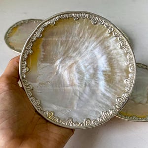 Collectible Display Flower Mother of Pearl Round Plate with Silver Trim – Versatile for Caviar Soap Candy Home Décor Seashell Plate 11cm