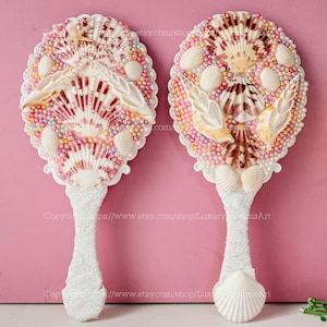 Specchio ovale con conchiglia e cuore di sirena Specchio con conchiglia Specchio tascabile Specchio con conchiglia e cuore di sirena fatto a mano Specchio con conchiglia naturale per matrimonio