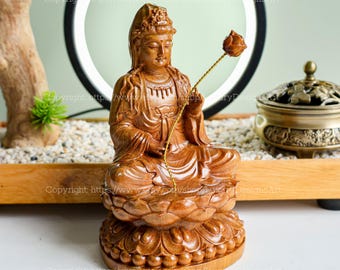 仏像 家庭用小型 木製座像 蓮の花を持つ観音菩薩像 観音、観音、観音像