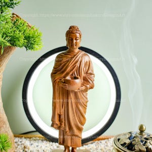 Buddhist Figurines, Buddha Statue Small for Home, Sculpture Standing Buddha Holding Alms Bowl, Shakyamuni Buddha, Desk Decor, Wood Carving