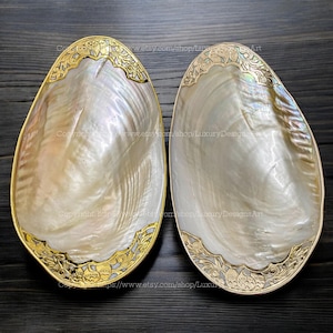 Mother of Pearl Seashell Dish Peach Symbol of Immortality and Wealth Gold Silver Trim Home Decor, Collectible Dish Decorative Giant Shell
