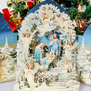Tarjeta de felicitación emergente hecha a mano con copos de nieve y Jesucristo Tarjeta de felicitación navideña Tarjeta emergente sorpresa Tarjeta de agradecimiento por el cumpleaños de Navidad C15