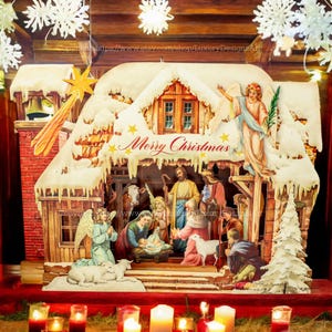 Carte de voeux 3D artisanale - Flocons de neige Crèche de Noël Carte de voeux pour les Fêtes Carte pop-up surprise Le pays des merveilles hivernales de Noël