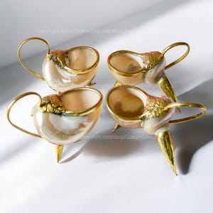 Mother-of-Pearl Teapots & Cups with Bronze Edges Copper Trim Coating Home Decor Cups for Serving Wine Sea Snail and Seashell Designs