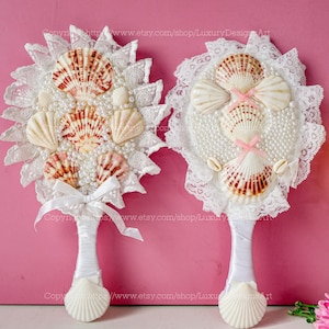 Specchio ovale con conchiglia e cuore di sirena Specchio con conchiglia Specchio con conchiglia fatto a mano con sirena Specchio con conchiglia naturale per matrimonio Specchio tascabile