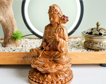 仏像 家庭用小型 木製座像 蓮の花を持つ観音菩薩像 観音、観音、観音像