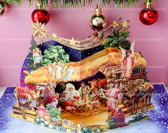Può includere: Un biglietto pop-up che rappresenta la scena della Natività con una stalla, una mangiatoia, un cammello, un asino e diverse figure tra cui Maria, Giuseppe e il bambino Gesù. Il biglietto è decorato con stelle dorate e uno sfondo rosa.