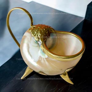 Mother of Pearl Teapots and Cups with Bronze Trim Copper Featuring Sea Snail and Seashell Designs – Elegant Home Decor and Wine Serving Cups