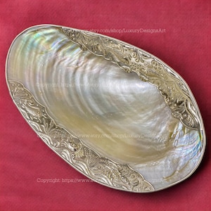Seashell Dish FISH Sliver Trim Jewelry Tray for Candy, Gift Home Decor, Collectible Dish Flower Decorative Mother of Pearl Giant Shell Dish