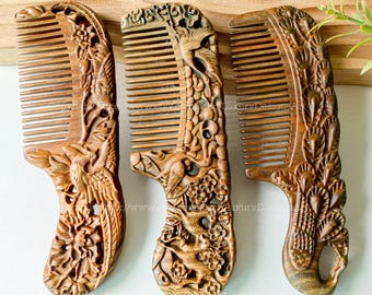 Handmade 3 Styles Natural Wood Comb, Sandalwood Comb, Double-Sided Carved, Ancient Style, Vintage Comb Massage Head Blood Circulation Gift