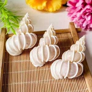 May include: Three white seashells with a spiral shape and a ridged texture. The shells are arranged on a woven bamboo mat.