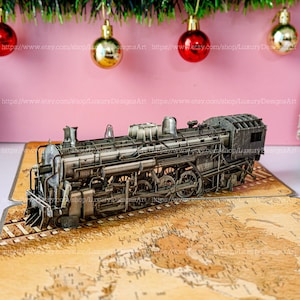 Tarjeta de felicitación emergente 3D hecha a mano con tren de vapor verde - Tarjeta de felicitación navideña Tarjeta emergente sorpresa Tarjeta de agradecimiento de cumpleaños de Navidad C20