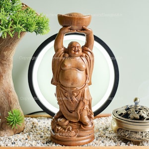 Buddhist Figurines, Buddha Statue Small for Home, Maitreya Laughing Buddha Statue, Wooden Happy Buddha Statue, Desk Decor, Wood Carving