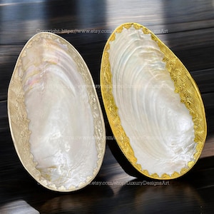 Mother of Pearl Seashell Dish VIP Gold Silver Trim Jewelry Tray for Candy Dish Home Decor Collectible Dish Decorative Giant Shell LARGE Dish