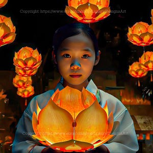 May include: A young person wearing a traditional Asian garment holds a large, glowing, orange lotus-shaped paper lantern. The lantern is illuminated from within, casting a warm glow on the person's face. The background is blurred and features several other smaller, similar lanterns.