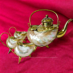 Mother of Pearl Teapots Conch Shell Cups with Bronze Edges and Copper Coating Sea Snail Seashell Designs Vintage, Antique Style Serving Wine