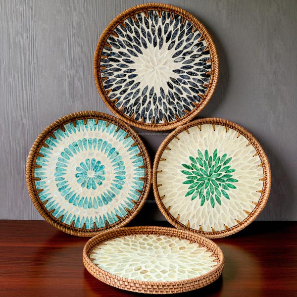 Rattan Mother of Pearl inlay Round Tray, Home Decor, Christmas Decor, Round Breakfast Tray Serving Tray Jewelry Tray Coffee Table Tray