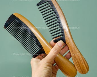 Personalisierter Natürlicher Grüner Zypressenholzkamm Schwarzer Büffelhornkamm Gekräuseltes Haar Dicker Kamm Massagekopf Durchblutung 2 Stile
