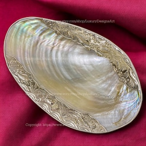 Mother of Pearl Seashell Dish FISH Sliver Trim Jewelry Tray for Candy, Gift Home Decor, Collectible Dish Flower Decorative Giant Shell Dish