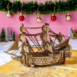 Handgefertigte 3D Pop Up Karte - ALTES SCHIFF Vintage Feiertags Grußkarte Überraschung Pop Up Karte Weihnachten Geburtstag Danke, Karte C16