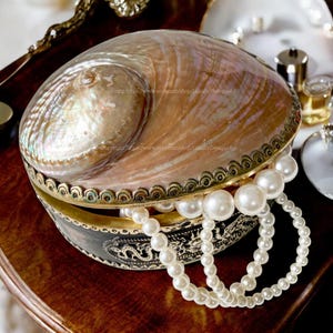 May include: A decorative seashell jewelry box with a gold trim and a pearl necklace inside. The box is made of a natural seashell with iridescent colors.