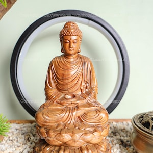 Buddha Statue Small for Home, Wooden Sitting Gautama Buddha Statue, Statue Feng Shui Shakyamuni Meditating Buddha Meditation Decor