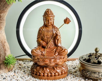 仏像 家庭用小型 木製座像 蓮の花を持つ観音菩薩像 観音、観音、観音像