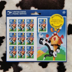 May include: A sheet of self-adhesive stamps featuring Sylvester and Tweety. The stamps are 32 cents each and show Sylvester the cat and Tweety Bird near a mailbox. The packaging reads "United States Postal Service."