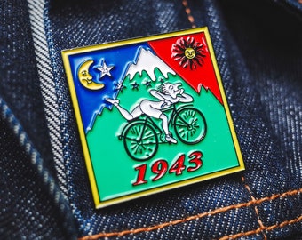 Bicycle Day Enamel Hat Pin, Vintage Acid Blotter Art, Albert Hofmann 1943 Bike Ride, Swiss Chemist, Psychedelic 60s Hippie Deadhead Festival