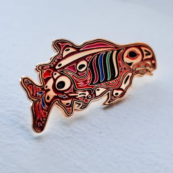 PNW Salmon Spirit Gold Enamel Hat Pin, Pacific Northwest Coast Psychedelic Tribal Totem Fish Lapel, Native Cascadia Flyfishing Gift