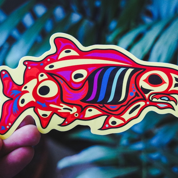 PNW Salmon Spirit Sticker Art, Pacific Northwest Coast, Totem Fish Chinook, British Columbia Native Cascadia, Psychedelic Bumper Decal Gift